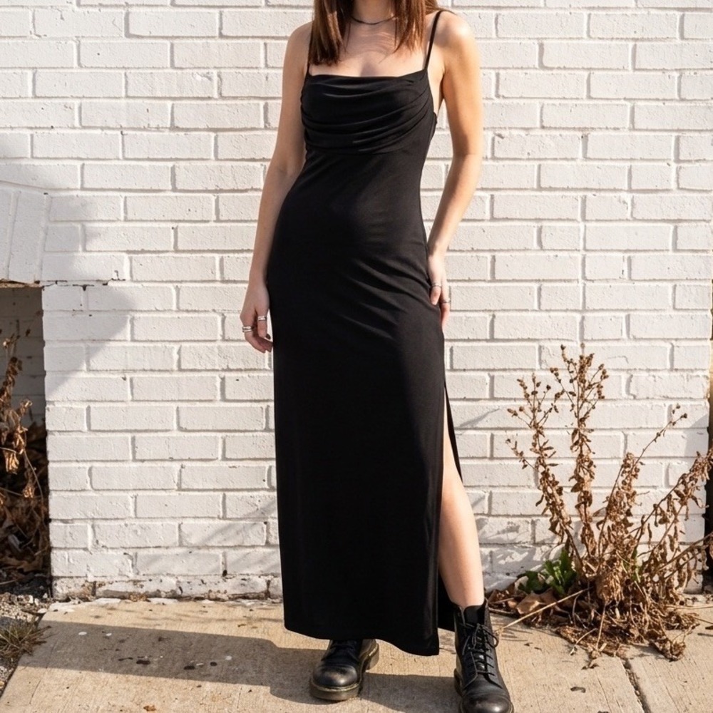 Rampage VTG 90s Black Maxi Gown Ruched Cowl Neck‎ Criss Cross Back 7 Whimsy